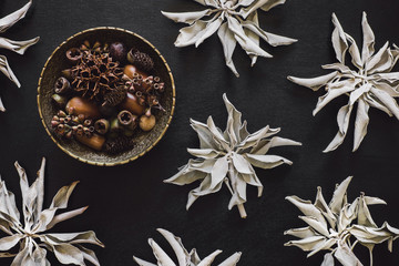Brass Bowl of Seeds an Pods with Dried White Sage