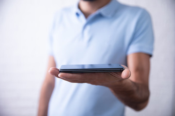 man hands touching smartphone