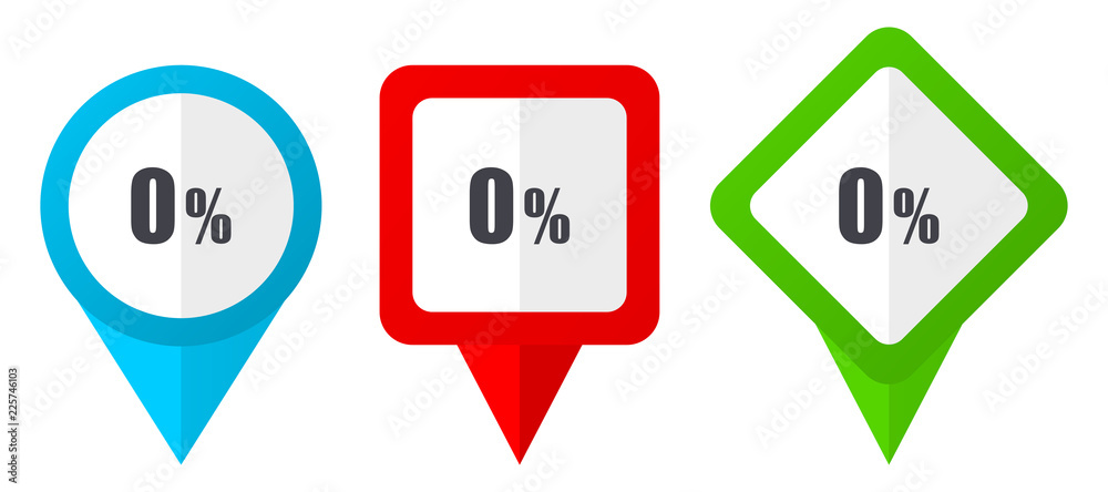 Leinwandbilder 0 percent red, blue and green vector pointers icons. set of colorful location markers isolated on wh