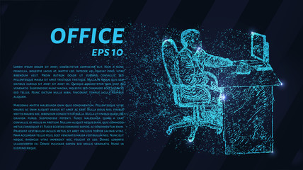 The man behind the computer. Office worker consists of dots and circles. Vector illustration.
