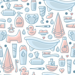 Baby care elements seamless pattern. Linear style vector illustration. Baby hygiene accessories. Suitable for wallpaper, wrapping or textile