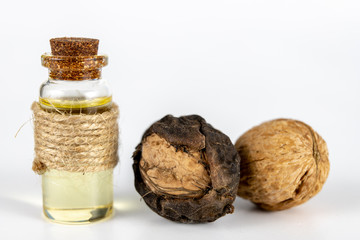 Oil in a bottle and walnuts on a white kitchen table. Spices and ingredients useful in kuchi.