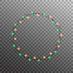 Christmas lights garland. Realistic multicolored string lights for New Year and Xmas season. Glowing isolated shiny lights with transparent effect