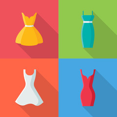 Set of Four different dresses in flat style isolated on colorful background. Collection of Simple dresses in flat style. Vector illustration for web and mobile design.