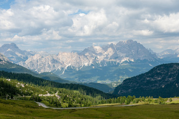 Fototapeta na wymiar Impression of the Passo di Giau, in landscape orientation, on a summer afternoon.