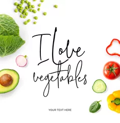 Outdoor-Kissen Kreatives Layout aus Zitat &quot Ich liebe Gemüse&quot . Lebensmittelkonzept. Tomate, Gurke, Pfeffer, Rettich, Kohl und grüne Erbsen auf dem weißen Hintergrund. © StudioDFlorez