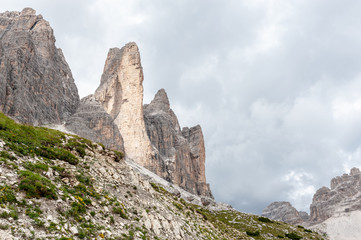 The Tre Cime di Lavaredo, the most famous peaks in the Italian Dolomites, on a summer afternoon