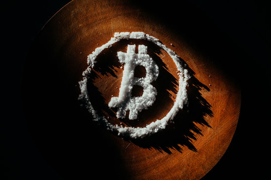 bitcoin symbol. Bitcoin as a drug - Powered by Adobe