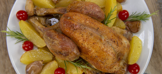 Roast chicken and various vegetables on a white plate