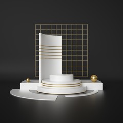 3d render, abstract geometric background, cylinder podium, minimalistic primitive shapes, modern mock up, blank template, gold metal grid, mesh, empty showcase, shop display