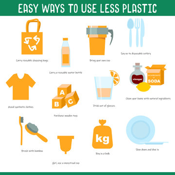 Easy eays to use less plastic. Zero waste life in vector. Eco style. No plastic. Go green. Protest against garbage. Plastic pollution. Stop plastic. Eco lifestyle. Pollution problem concept