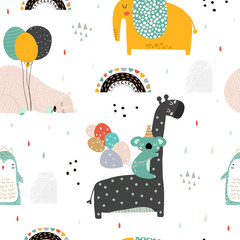 Seamless childish pattern with party animals . Creative scandinavian kids texture for fabric, wrapping, textile, wallpaper, apparel. Vector illustration