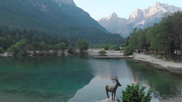 Drone aerial view over Jasna lake in Slovenia near Kranjska Gora