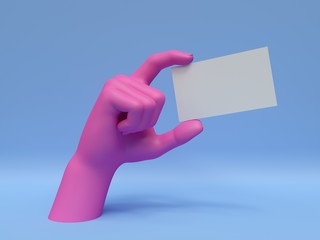 3d render, pink hand holding blank card, isolated on blue, abstract fashion background, shop...
