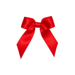 Red bow tied using silk ribbon, cut out top view