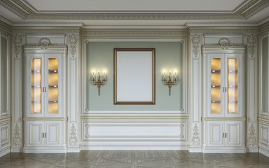 classic interior in olive colors with wooden wall panels, showcases, sconces and frame. 3d rendering.