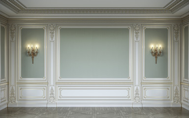 сlassic interior in olive colors with wooden wall panels and sconces. 3d rendering.