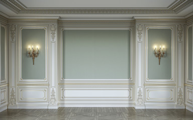  lassic interior in olive colors with wooden wall panels, sconces and niche. 3d rendering.