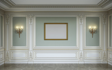  lassic interior in olive colors with wooden wall panels, sconces and frame. 3d rendering.