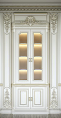 Showcase in a classic style with gilding and lighting. 3d rendering.