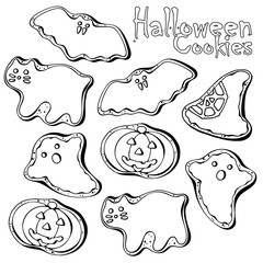 Group of vector illustrations on the Halloween sweets theme; set of different kinds of Halloween cookies.