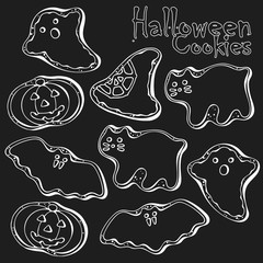 Group of vector illustrations on the Halloween sweets theme; set of different kinds of Halloween cookies. 