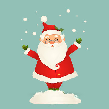 Cute, Cheerful, funny Santa Claus with glasses, waving hands and greeting, falling snow, snowdrift isolated. Santa clause for winter and new year holidays. Happy Santa Claus cartoon character.