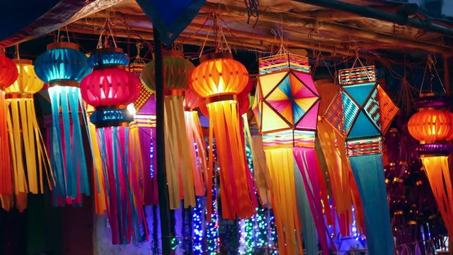 4K footage of Traditional lantern close ups on street side shops on the occasion of Diwali festival in Mumbai, India.