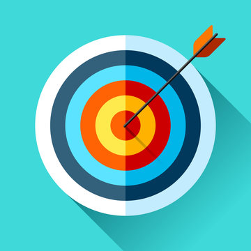 Volume Target icon in flat style on color background. Arrow in the center aim. Vector design element for you business projects