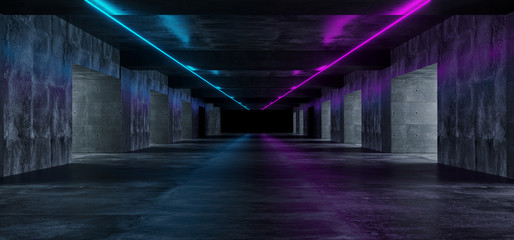 Modern Grunge Dark Concrete Empty Long Tunnel With Purple And Blue Neon Light Tubes Sci Fi Elegant 3D Rendering