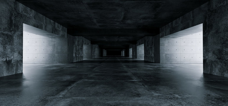 Empty Elegant Modern Grunge Dark Reflections Concrete Underground Tunnel Room With Bright White Lights Background Wallpaper 3D Rendering