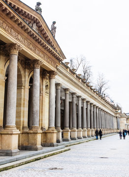 Mill Colonnade at Mlynske nabrezi street in Karlovy Vary. Bohemia. Czech Republic