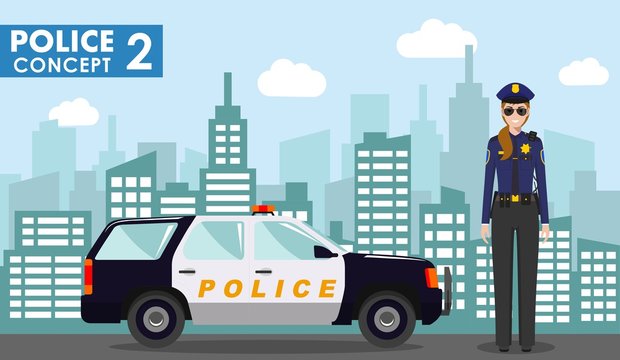 Police concept. Detailed illustration of policewoman on background with police car and cityscape in flat style. Vector illustration.
