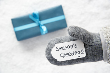 Turquoise Gift, Glove, English Text Seasons Greetings