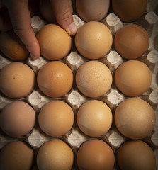 Brown eggs in carton box, Broken egg with yolk in background
