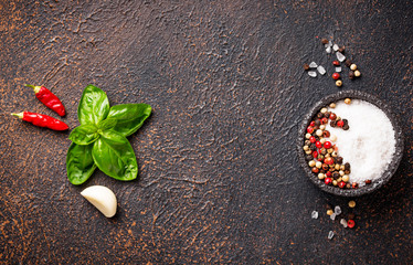 Herbs and spices. Basil, salt and pepper