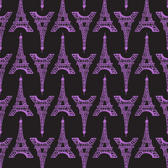 Seamless pattern. Modern Bright design print fabric. Illustration purple ink Eiffel Tower. Abstract ornament hand drawing. Vector illustration is isolated on a dark ground.