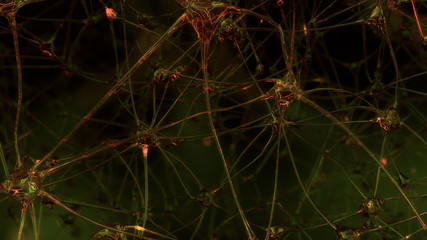 3D rendering of artificial intelligence. Networks of artificial nerve cells and synapses in the brain of a robot through which electrical impulses and discharges pass