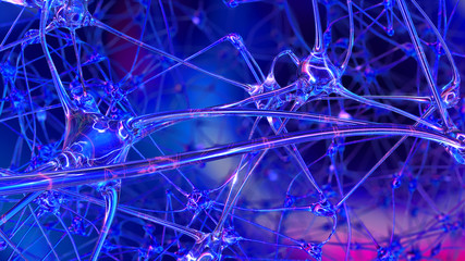 3D rendering of artificial intelligence. Networks of artificial nerve cells and synapses in the brain of a robot through which electrical impulses and discharges pass