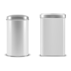 Vector realistic 3d white blank metal aluminium tin can containers with silver cap rectangular or square, oval shape icon set closeup isolated on white background. Design template for graphics