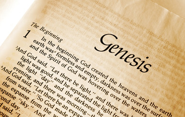 Open page in the bible showing Genesis Chapter one verse one - In the Beginning
