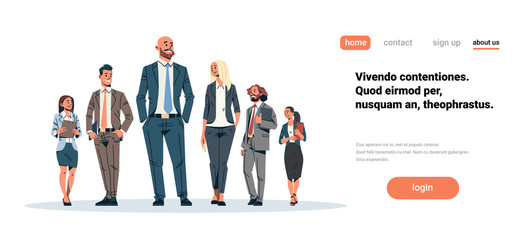 business people team leader businessmen women standing together leadership concept male female cartoon character full length isolated horizontal flat copy space vector illustration