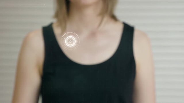 Young girl press on futuristic user interface concept screen. Graphical User Interface - GUI. Head up Display - HUD. Internet of things.