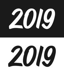 Happy New Year 2019 greeting card template. Calligraphic number with smooth contour isolated on black and white backgrounds. Vector illustration.