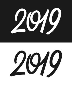 Happy New Year 2019 greeting card template. Calligraphic number with smooth contour isolated on black and white backgrounds. Vector illustration.