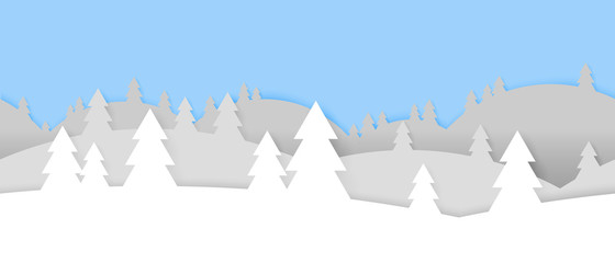Simple seamless paper cut winter vector landscape with  layered mountains and trees on blue background.
