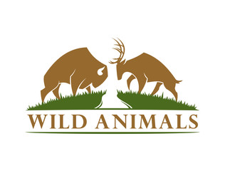 Buffalo and deer silhouette in the meadow