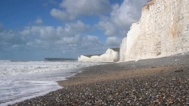 Low view of the rocky beach and Seven Sisters at Birling Gap, Sussex