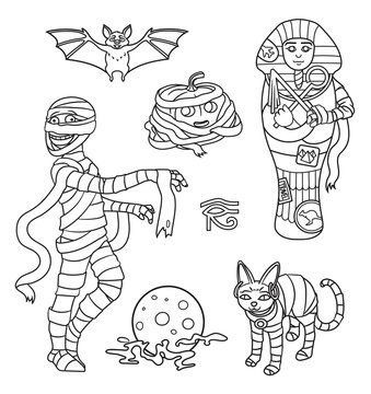 Cartoon Halloween characters set of images: Mummy,bat,moon,cat, pumpkin and sarcophagus. Vector isolated illustration. Can used for coloring book, printing on clothes, banners, posters, web design.