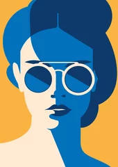 Fensteraufkleber Modeporträt eines vorbildlichen Mädchens mit Sonnenbrille. Retro trendige Farben Poster oder Flyer. © labitase